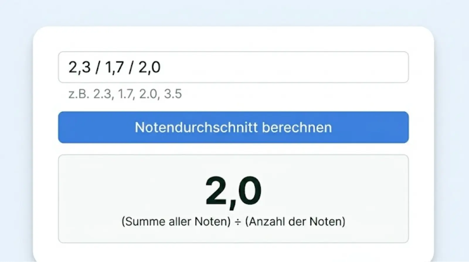 Noten online berechnen Screenshot – Notenrechner mit Ergebnis 2,0