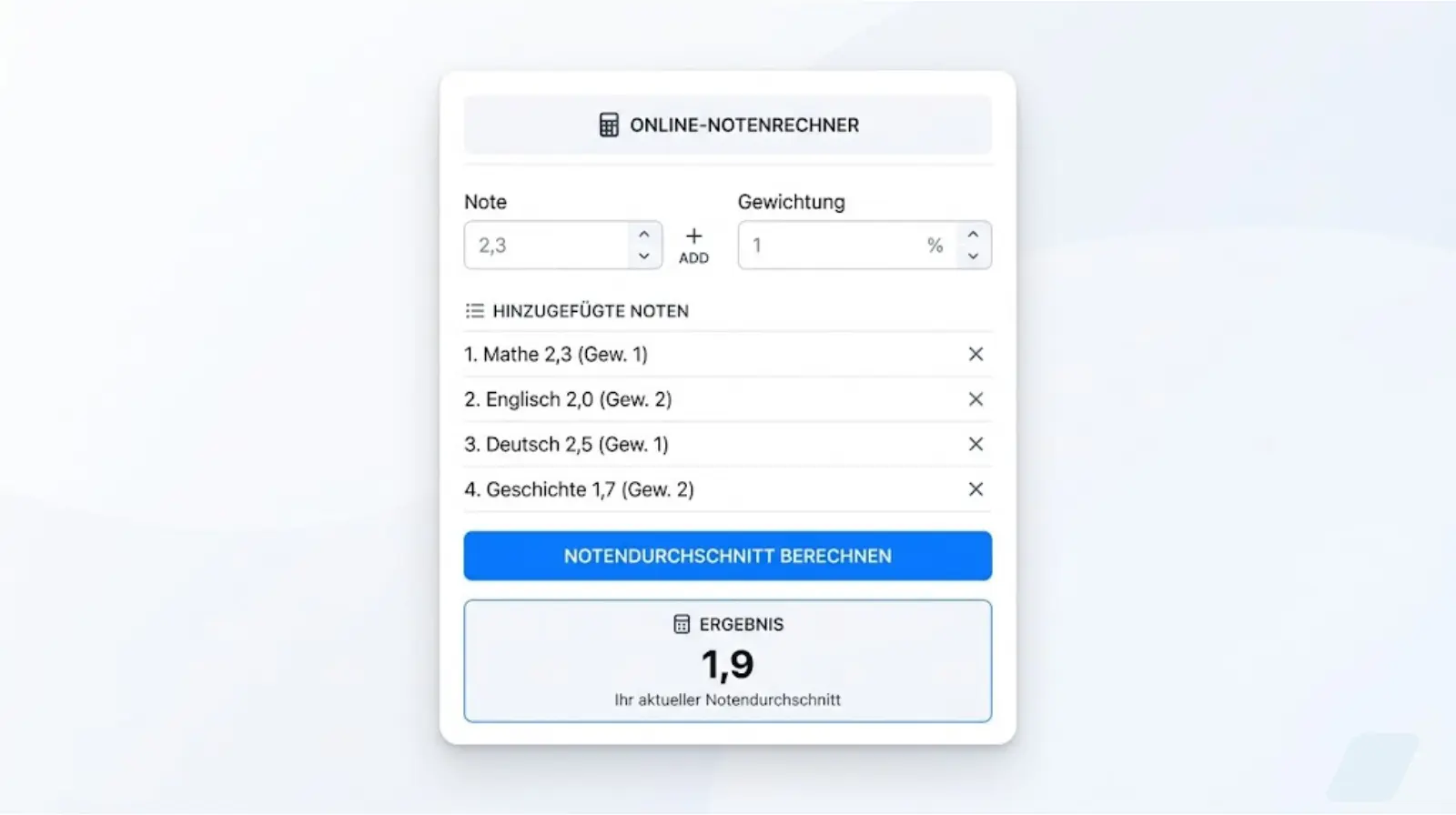 Notenrechner durchschnitt Screenshot – Tool für Zeugnisnote berechnen