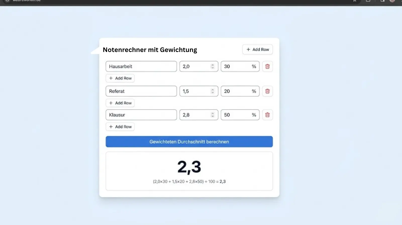 Notenrechner Prozent Gewichtung Tool Screenshot – Endnote berechnen